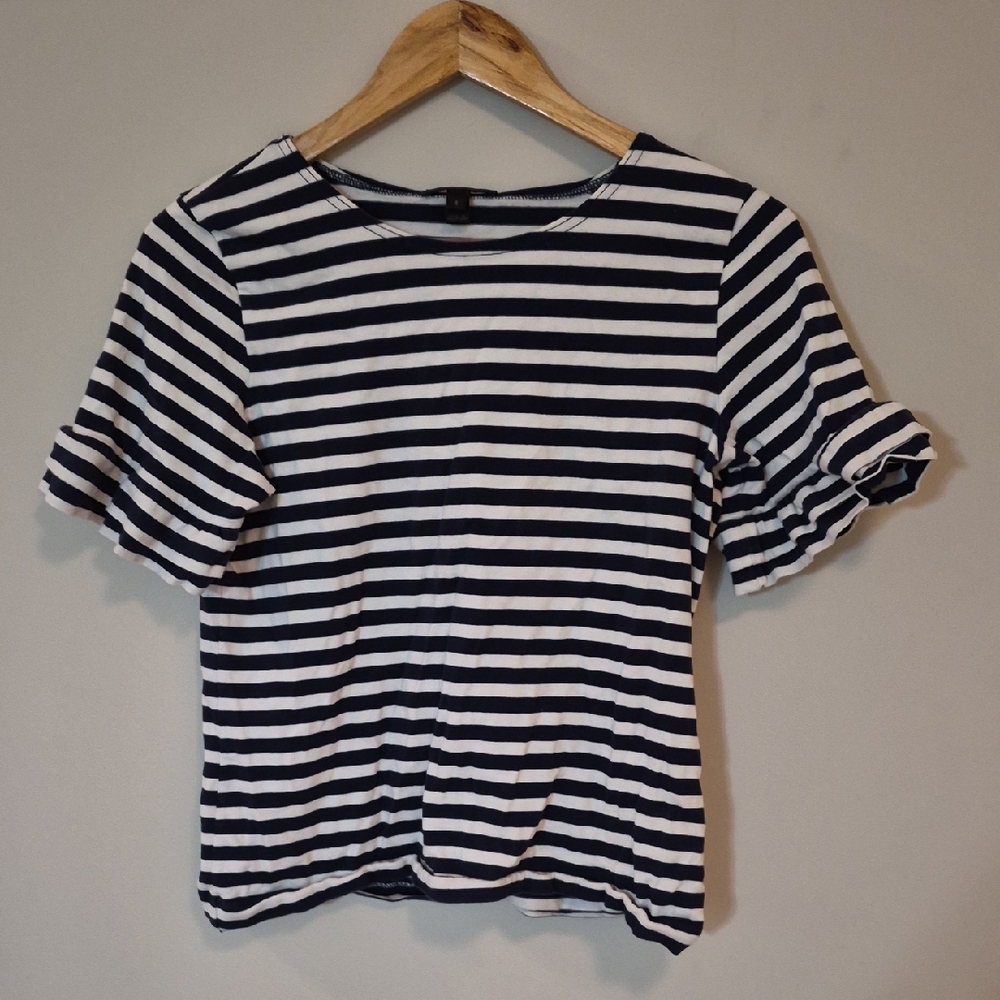 J. Crew Striped Navy and White Women's Tee with Ruffle Sleeves